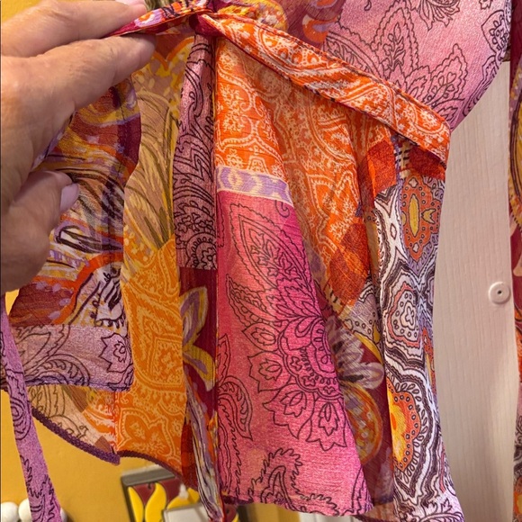 GEORGE BRAND  BRIGHT COLORS KIMONO PINKS/ORANGE/PURPLE BELL SLEEVES WITH TIES - Picture 13 of 14
